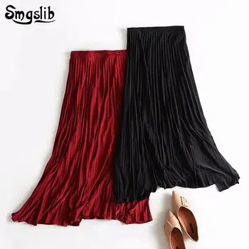 

2019 Fashion Spring Autumn Denim skirt england style urban black and red satin knitted pleated high waist Skirts