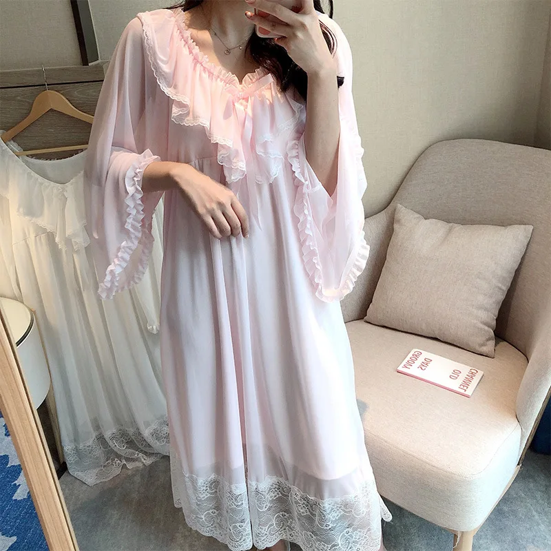

Chest Pad Nightgown Female Spring ji qiu Long Sleeve Pure Cotton Princess Style Pajamas Korean-style Palace Thin Loose-Fit Summe