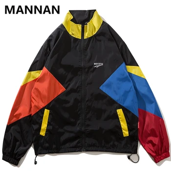

MANNAN 2019 Autumn Men Hip Hop Retro Color Block Patchwork Jackets Windbreaker Streetwear Harajuku Track Hipster Jacket Coats