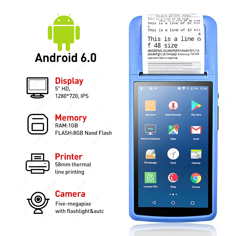 

Handheld Terminal Pos Android Rugged PDA With NFC 5.5 inch Touch 3G Wifi Bluetooth Thermal Receipt Printer 58mm POS Machine Touc