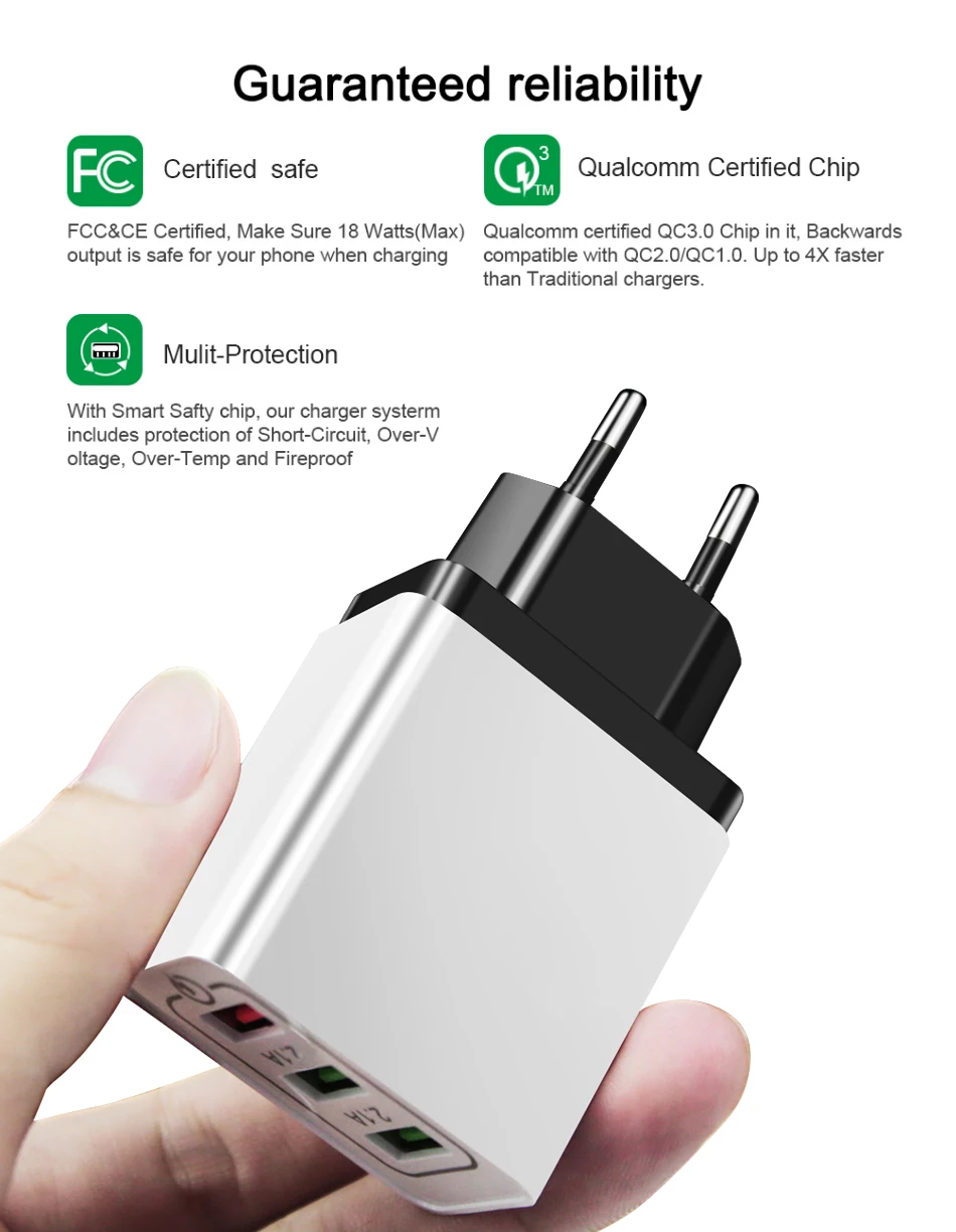 !ACCEZZ Universal 18W Quick Charge 3.0 Charger Adapter For iphone Samsung s7 s10 plus Travel Wall Charging 3usb EU Plug Charger (6)