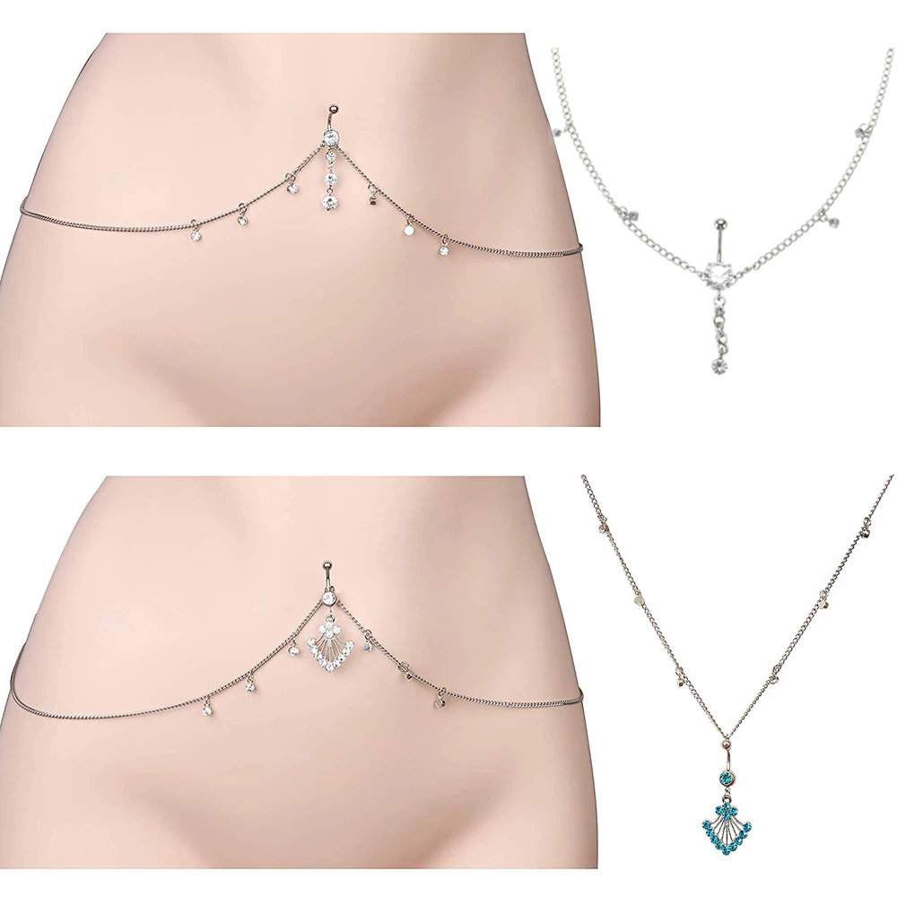 Colorful Rhinestone Dangle Belly Button Ring+Waist Chain Steel Drop Pendant Navel Piercings Ombligo Body Jewelry Sexy Lady | Украшения и