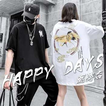 

new fashion Men's Tops Summer Japanese Streetwear Casual T-Shirts Vintage Couples Unisex Crane Harajuku Hip hop Tee vegan weed