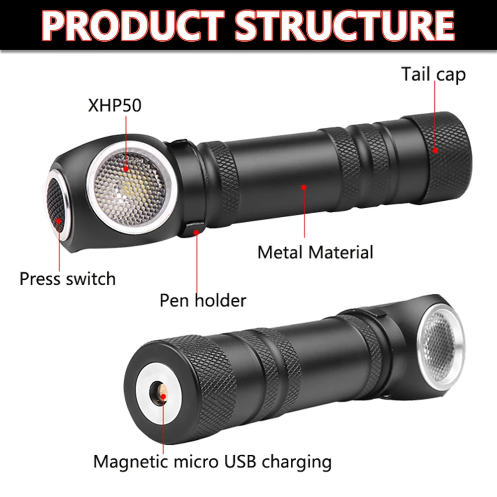 LED Flashlight Multifunctional Magnetic Flashlight XHP50 LED Torch USB Rechargeable Flashlight Built-in Battery Head Front Torch