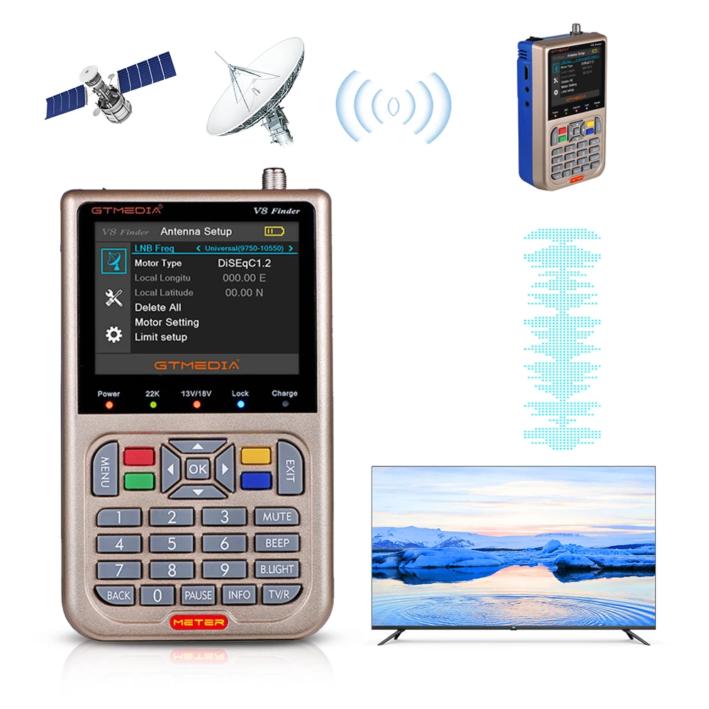 V8 Satellite Finder Signal Meter Upgraded TV DVB-S2/S2X Receiver Sat  Detector, HD 1080P Free to Air FTA 3.5 LCD Built-in 5000mAh Battery for