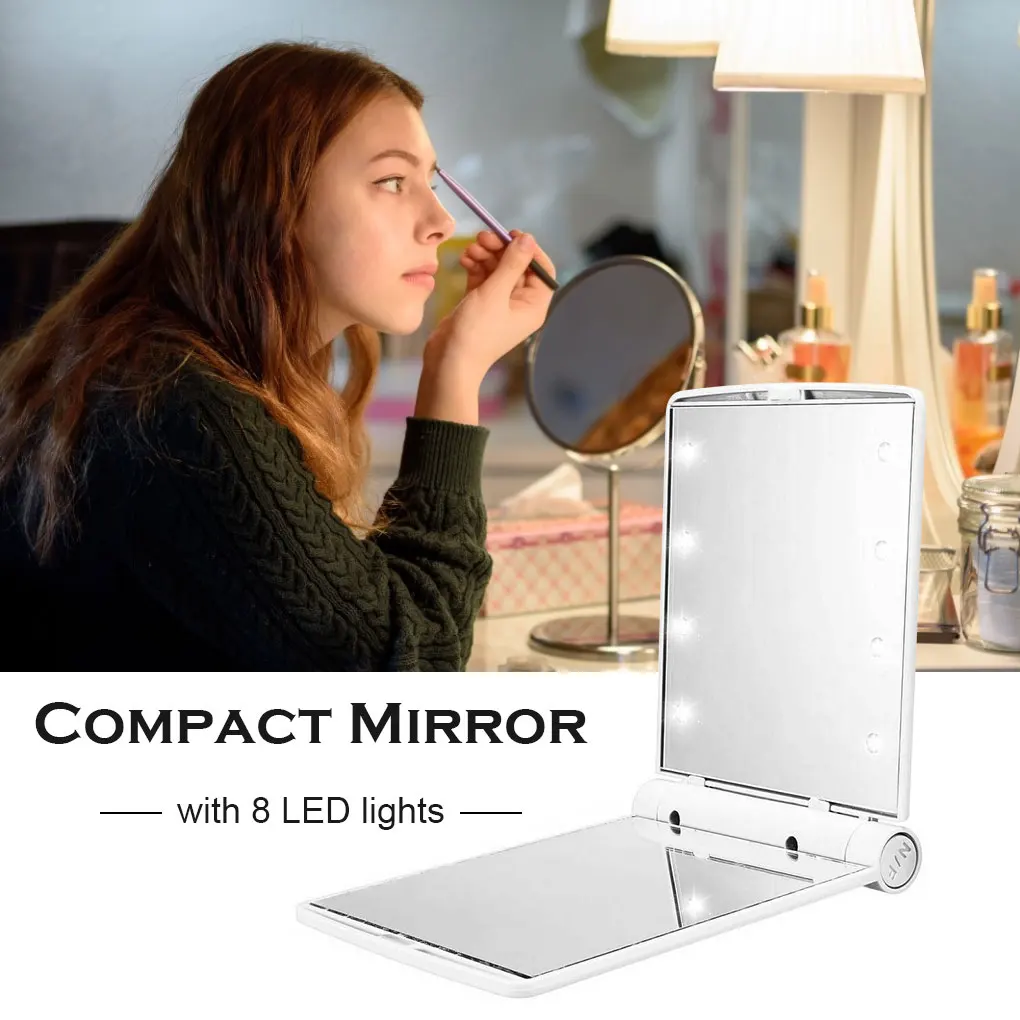 

Folding Makeup Mirror Women Outdoor Portable Cosmetic ABS Plastic Foldable Mirror with 8 LEDs