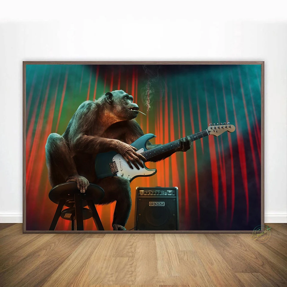Gorilla Smokes Plays Guitar Funny Poster Art Print Modern Canvas Painting Pop Fashion Wall Picture For Living Room Decoration | Дом и сад