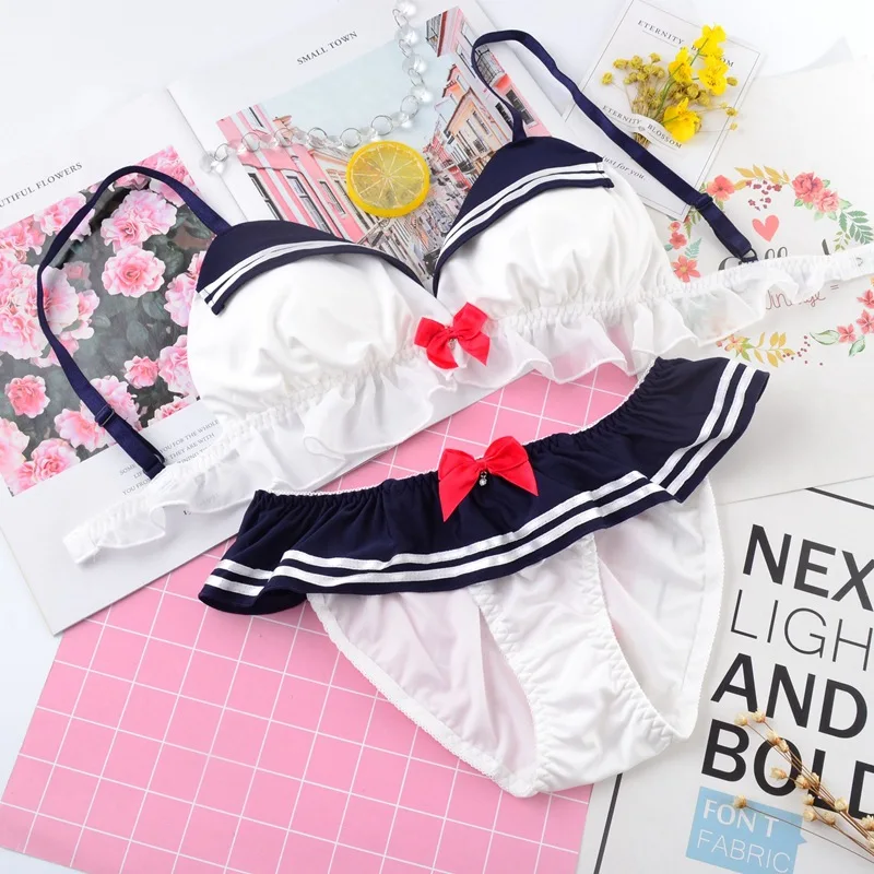 sexy underwear sets Women Kawaii Japanese Style Bra & Panties Set Wirefree Soft Underwear Set Sleep Intimates Set Cute Lolita Bra And Panties french knickers set Bra & Brief Sets