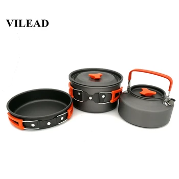 

VILEAD 3Pcs/Set Aluminum Set Pot Teapot Combination Cookware Sets 2-3 Person Outdoor Portable Equipment Camping Fishing Hiking