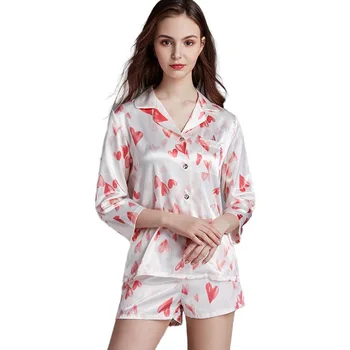 

Loose Women's Silk Pajamas Suit 3/4 Sleeve Length Shorts Pajamas Set Pajama