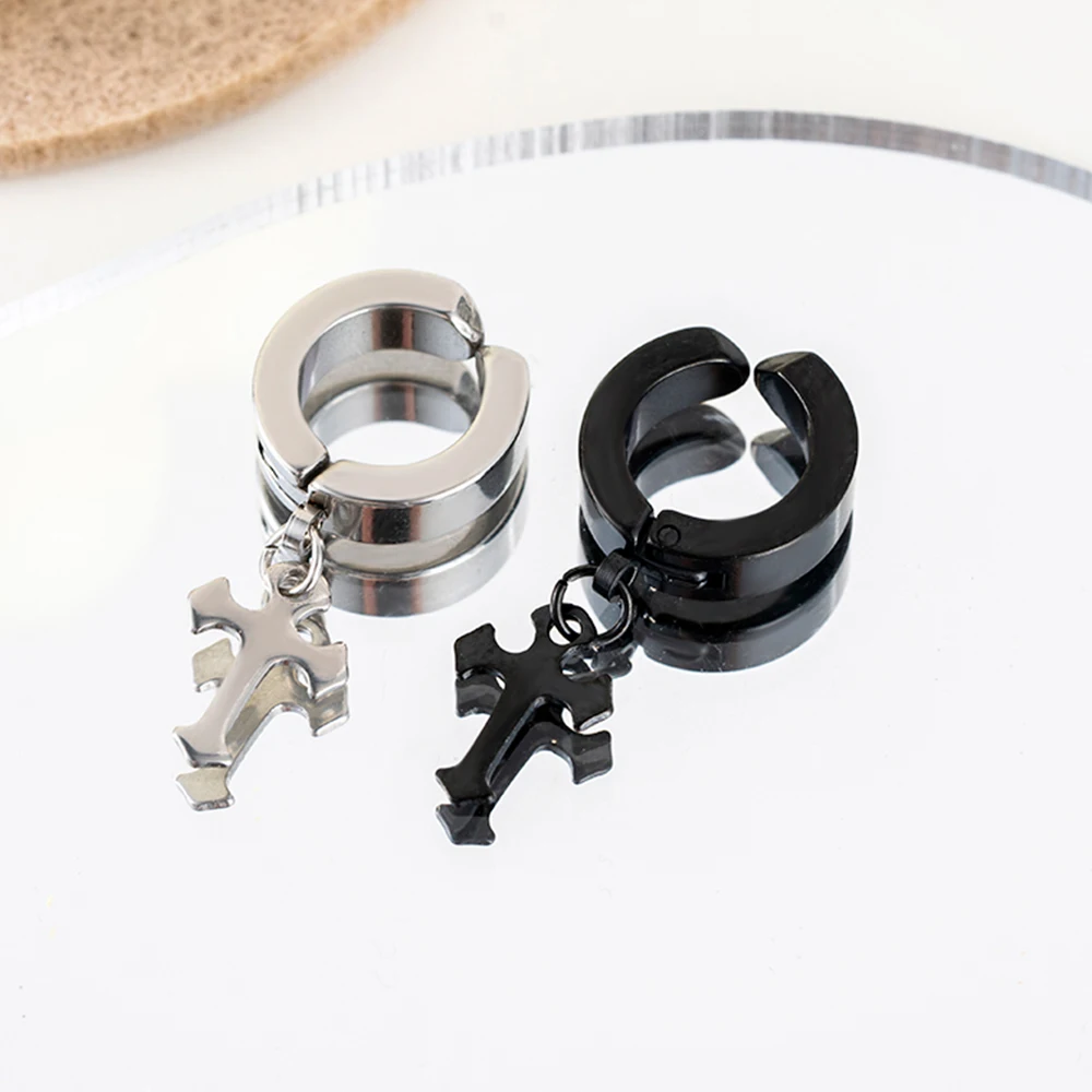 Male and Female Hip-hop Stainless Steel Clip Earrings Personality Simple Wild Cool Earrings Cross Pendant Punk Ear Clips hoop earrings stud earrings ear clip earrings clip earrings