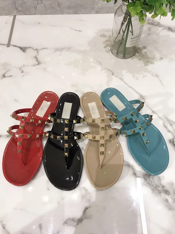 Summer Beach Sandals Woman Flip Flops PVC Slides Female Sandals Rivet Bowknot Slip on Flat with Women Studs Slippers Jelly Shoes