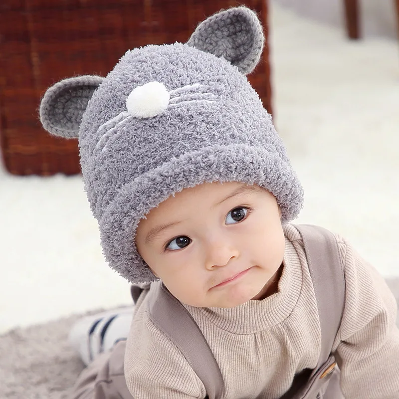 WARMOM New Autumn/Winter Children 3D Cat Ears Hat Winter Warm Hats For Boys Girls Printed Cat Beard Cartoon Cute Baby Kids Hat
