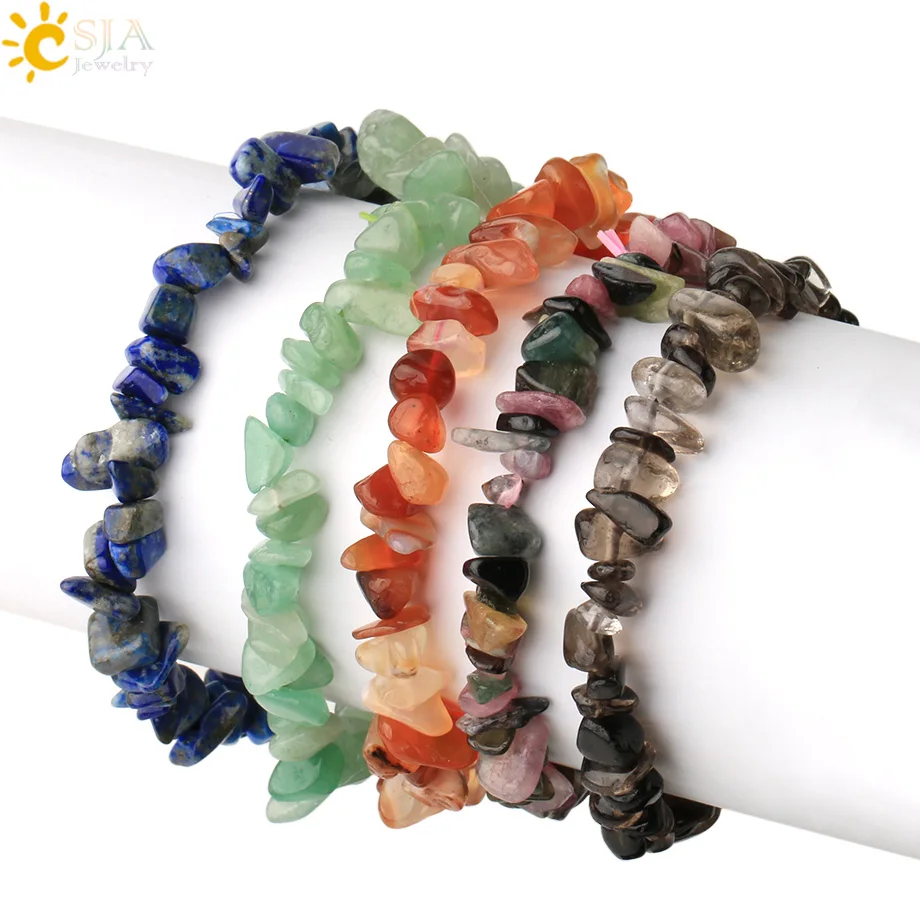Natural Stone Bracelet Stone Bead Bracelet Crystal Quartz Bracelet CSJA Irregular Chips Natural Stone Bracelet Asymmetry Beads Crystal Quartz Gravel Stretch Bracelets Bangles for Women Girls