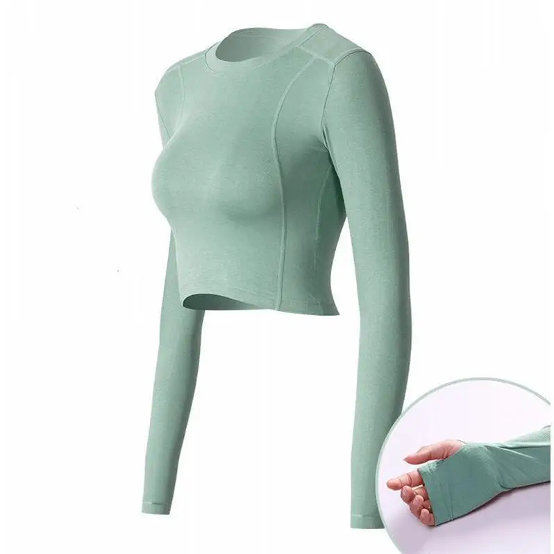 Зеленый Long-sleeved Sportswear Tight Women Crop top T-shirt Fitness Top Quick dry Suitable Autumn Gym Exercises Yoga shirt T-shirt - Цвет: Зеленый