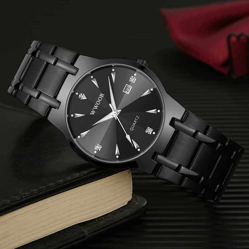 WWOOR 2023 Fashion Men Watches Luxury Diamond Quartz Full Black Watch For Men Stainless Steel Waterproof Date Clock Reloj Hombre