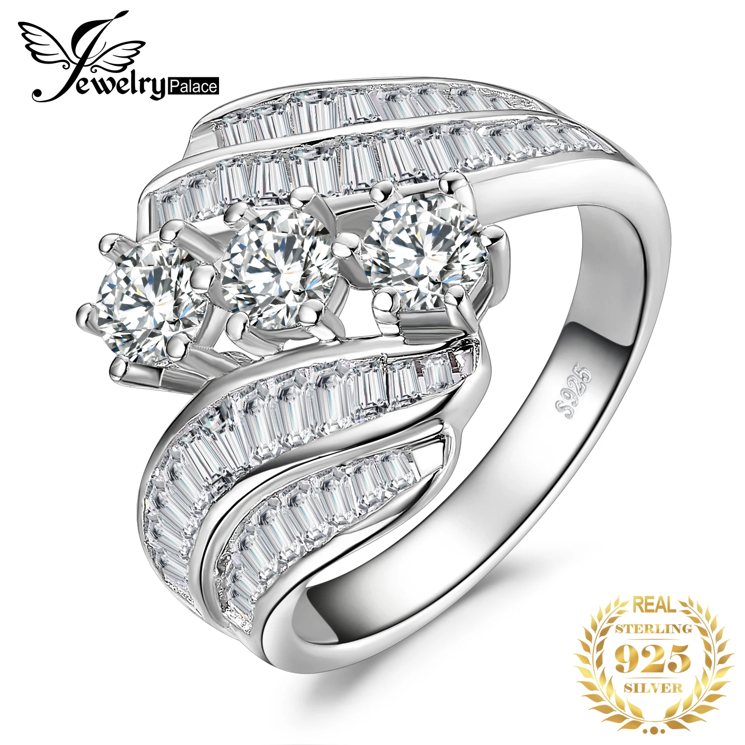 JewelryPalace витой набор канала багет обход группы 6 зубец 3 камня 5ct кубического циркония обещание Свадьба Обручение кольцо 925 St