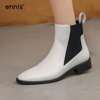 

ENNIS Women's Boots 2020 Genuine Leather Ankle Boots Round Toe Square Low Heel Boots Chelsea Shoes Autumn Winter Fashion A0261