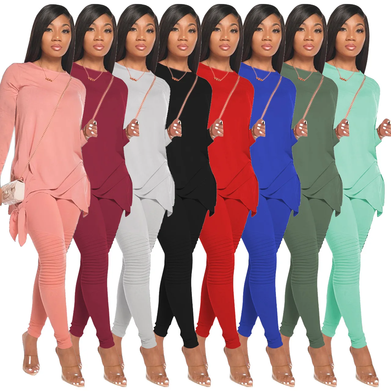 

2020 New Autumn Women Suit Hot Style Model Solid-color Long Sleeves Bow & Ruched Trousers European and American 2 Piece Set