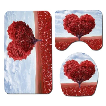 

3 Piece Romantic Shower Curtain Set Bath Mat Toilet Cover Rug Bathroom Decor Set