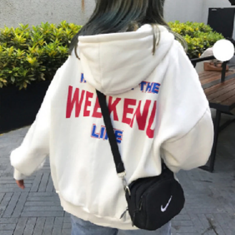  Women Letter Printed Loose Hoodies Trendy Hooded Plus Velvet Sweatshirts Autumn Winter Pullovers St