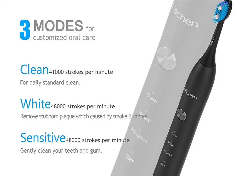 Lachen RM-T5B Electric Toothbrush Sonic Toothbrush with 4 brush heads and timer 3 modes USB charging 60 days battery life IPX7 Lachen RM-T5B Electric Toothbrush Sonic Toothbrush with 4 brush heads and timer 3 modes USB charging 60 days battery life IPX7
