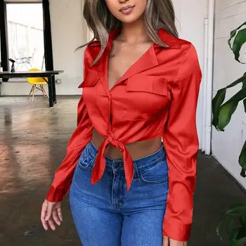

Autumn Women Red Turn-Down Collar Shirt Pockets Bow Lace Up Sexy Satin Shirts Office Lady Long Sleeve Short Blousse