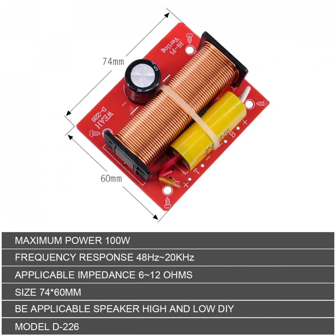 D226 100W Speaker 2 Way Crossover Audio Treble+ Bass Independent Crossover Speakers Filter Frequency Divider