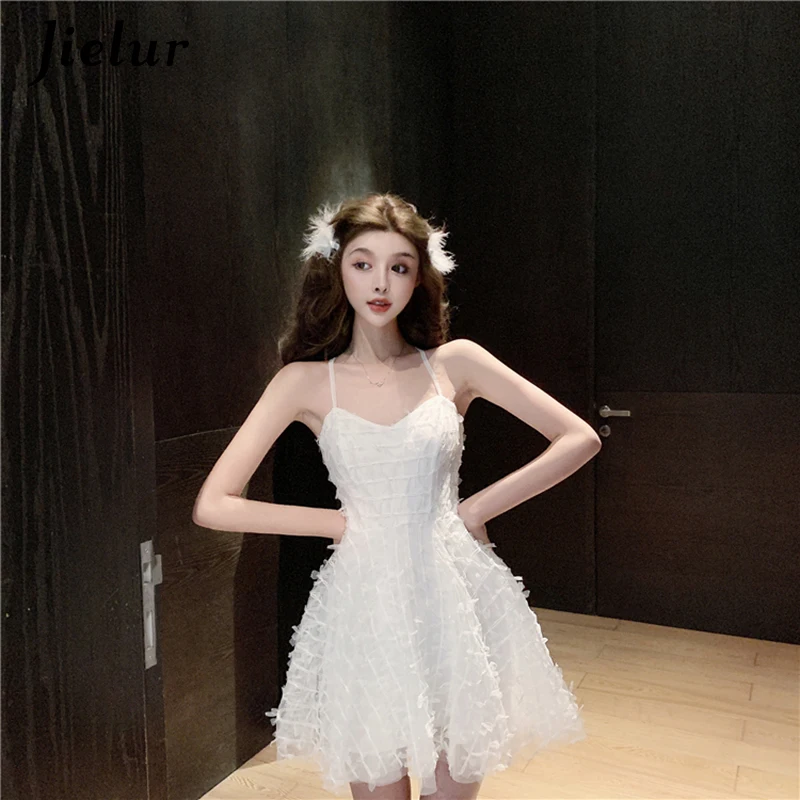 

Jielur Mesh Women Dress Solid Color Loose Slim Chic Sexy Mini Dresses White High Waist A-line Elegant Vestidos Summer Dress