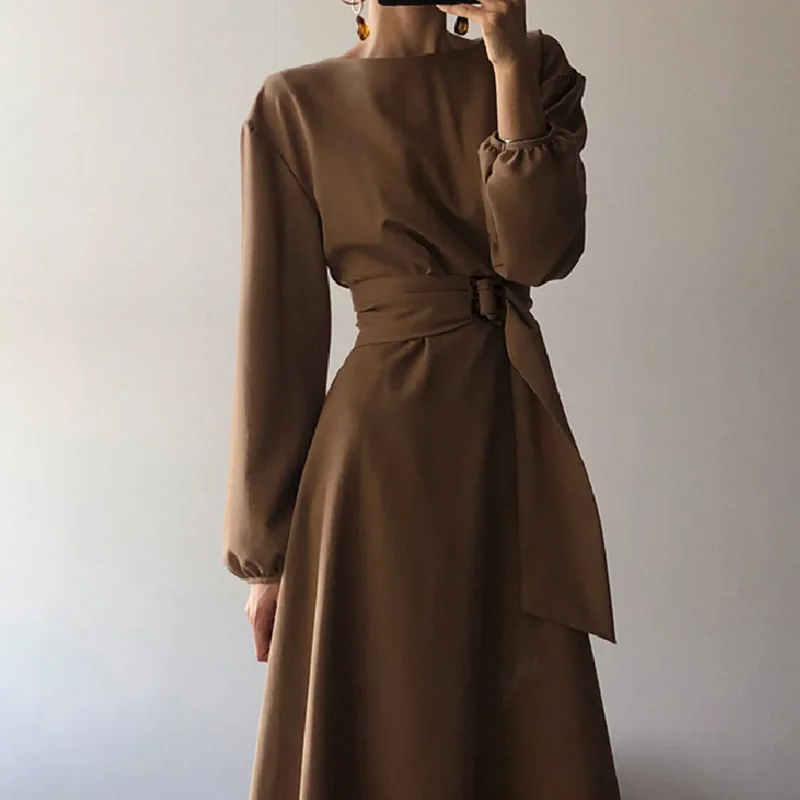 Women Vintage O-Neck Dress Autumn Ladies Casual Solid A-Line Mid-Calf Female Long Sleeves High Waist Chic Elegant Dresses | Женская
