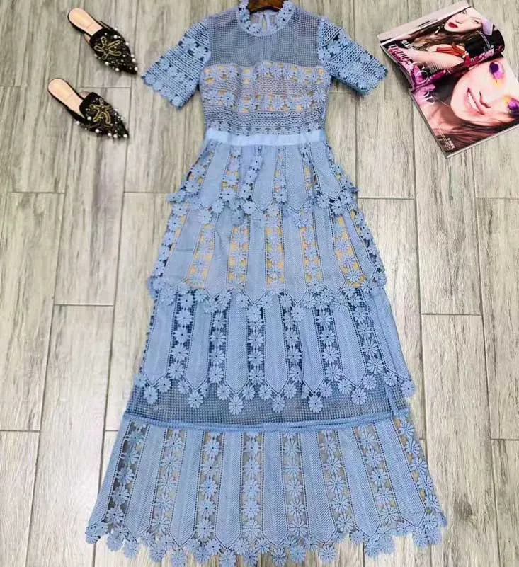 Цянь Хан Цзы дизайнерское модное подиумное Макси Платье женское с коротким рукавом выдалбливают вышитые кружева элегантные длинные платья для вечеринок - Цвет: Синий