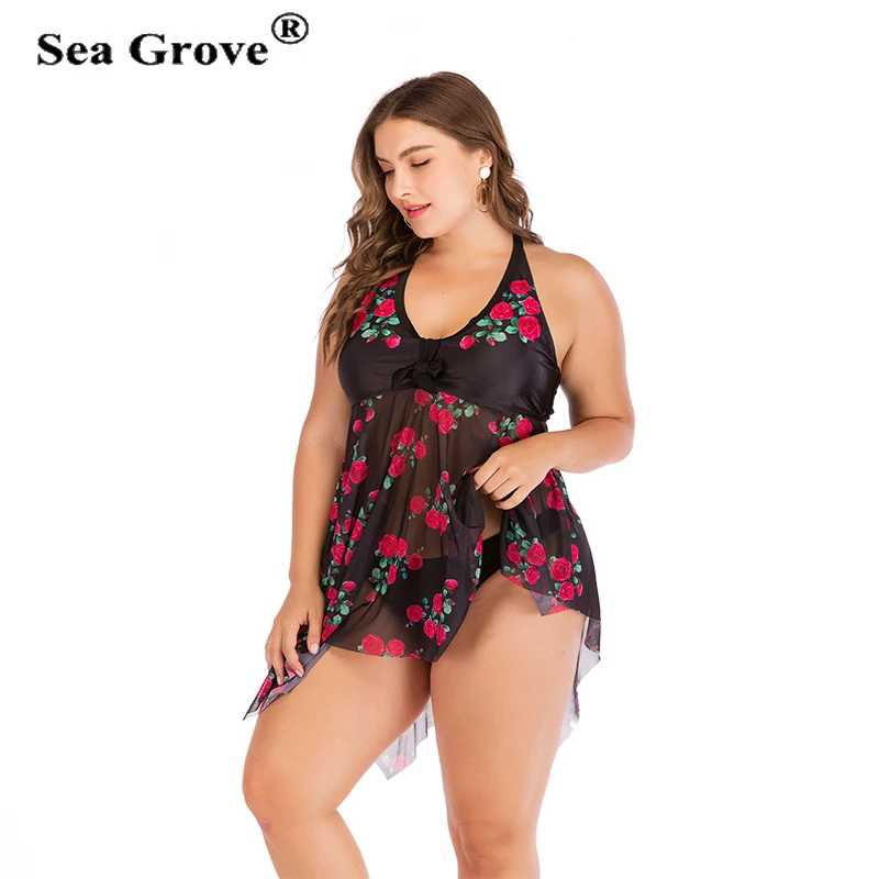 

Plus Size Flower chiffon Swimwear Bikini Women Sexy Backless Tankini Suit Print skirt Transparent Women Bathing Suit