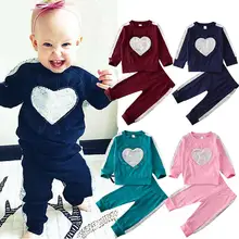 Пуловер с пайетками и сердечками для новорожденных и маленьких девочек топы, штаны, леггинсы, комплекты хлопковый осенний теплый милый комплект из 2 предметов