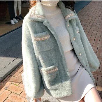 

Winter Women Coat Spring New Mink Velvet Jacket Fashion Lantern Sleeve Outwear Doll Collar Female Warm Plush Coat