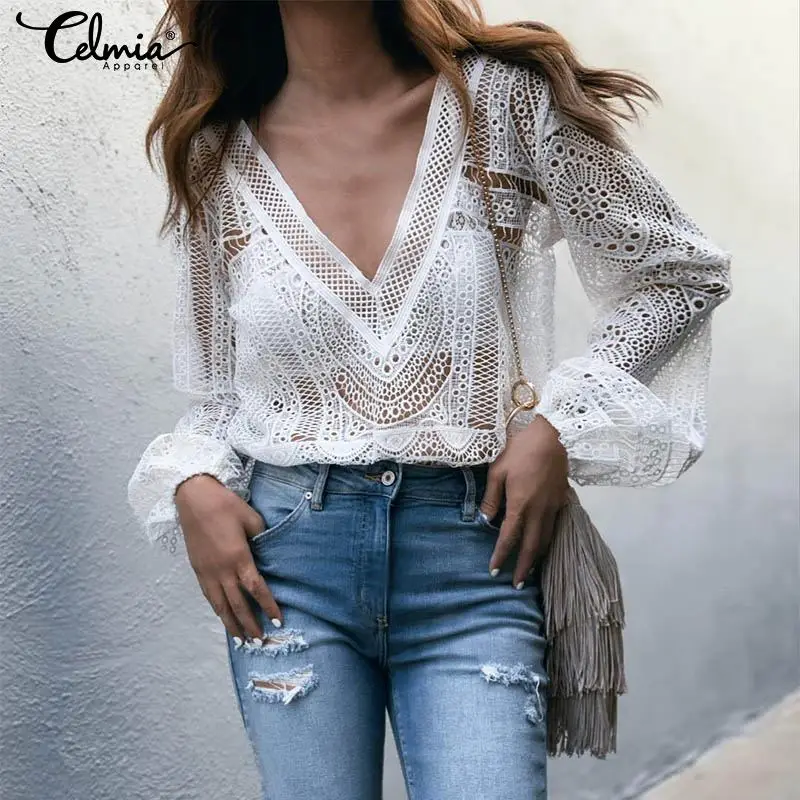 

White Lace Crochet Transparent Women's Blouse Top Fashion Lantern Sleeve Hollow Out Shirts 2019 Summer Sexy V Neck Blusas S-5XL