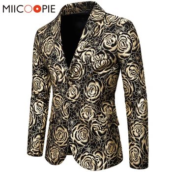 

Men Rose Flowers Bronzing Blazer Jacket Fashion Single Buttons Mens Floral Blazers Suits Business Prom Male Slim Printed Clothes