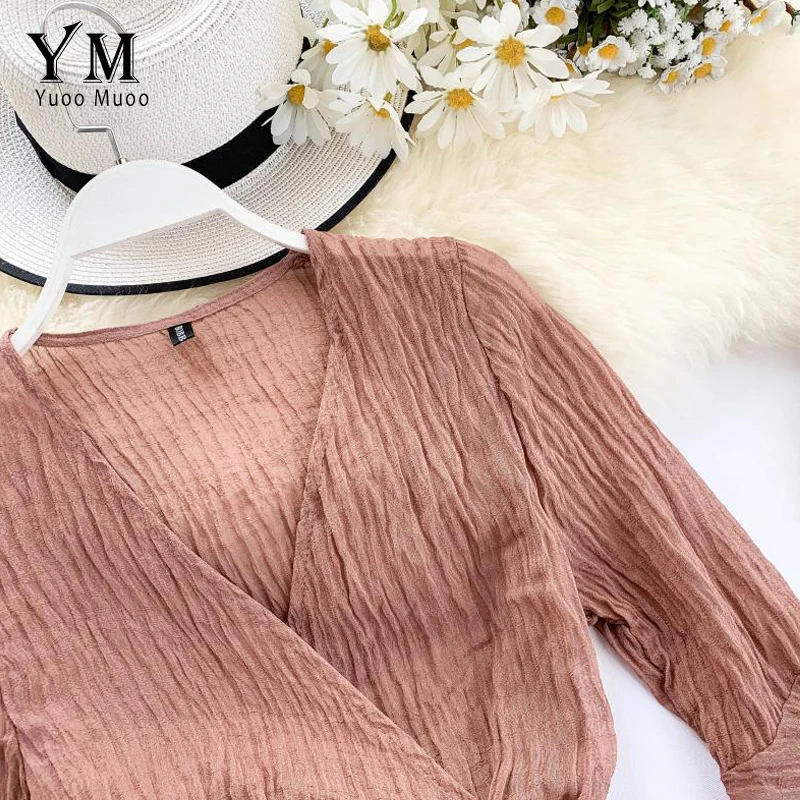 YuooMuoo Elegant Sashes Bandage Autumn Women Blouse Shirt 2019 V Neck Korean Style Ruffle Women Blouse Long Sleeve Chiffon Top 3