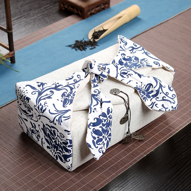 Vintage Printing Cotton And Linen Tea Cozies Portable Travel Kung Fu Tea Set Storage Teapot Teacup Tray Accessory Hand Bag LA452
