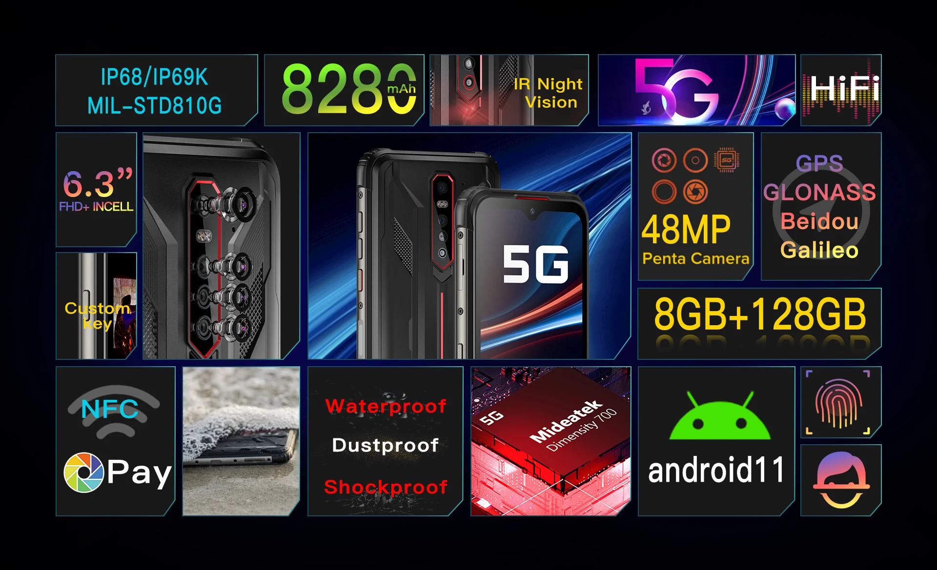 HOTWAV CYBER 7 5G Rugged Phone IP68 Waterproof Android 11 Mobile Phone MT6833 8G+128G Cellphone 48MP Camera Smartphone 8280mAh 8gb ddr3