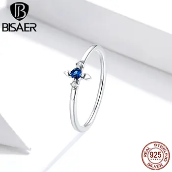 

BISAER Real 925 Sterling Silver Simple Cross Rings For Women Blue Zircons Engagement Ring Jewelry Anel S925 HSR679