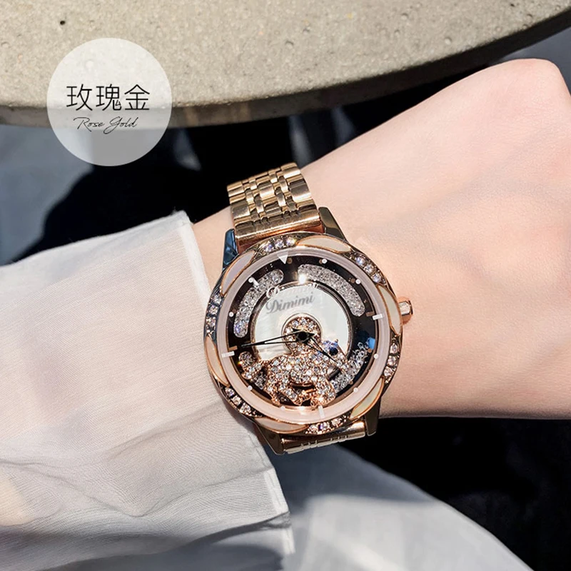 Новые популярные женские часы со стразами женские блестящие нарядные часы круглые розовые наручные часы с золотым браслетом вращающиеся алмазные часы