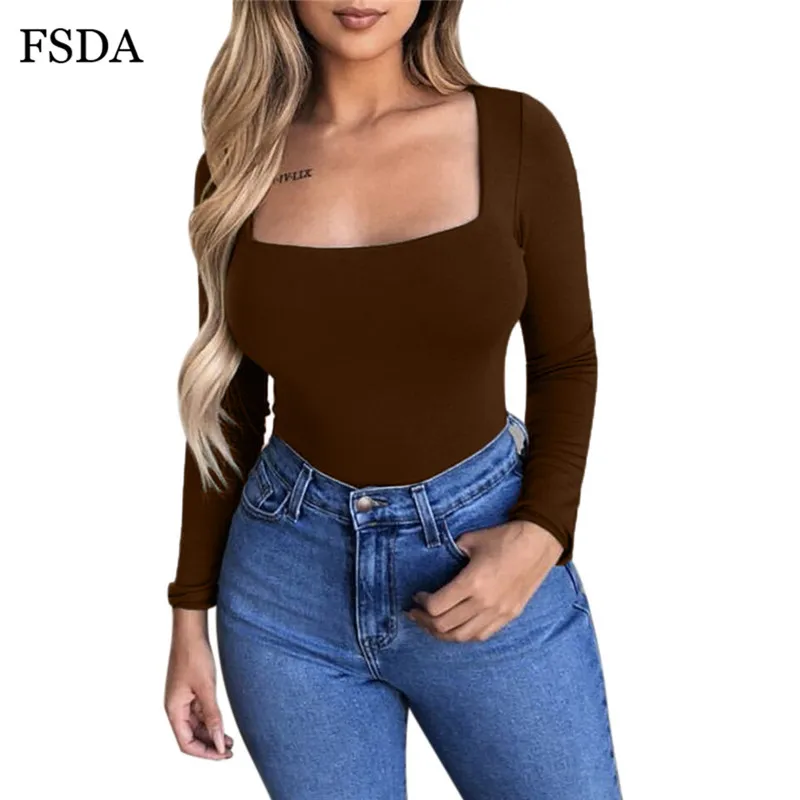 FSDA Long Sleeve Square Collar Sexy Bodysuit Women White Black Winter Autumn Winter Solid Knitted Casual Purple Lady Bodysuits