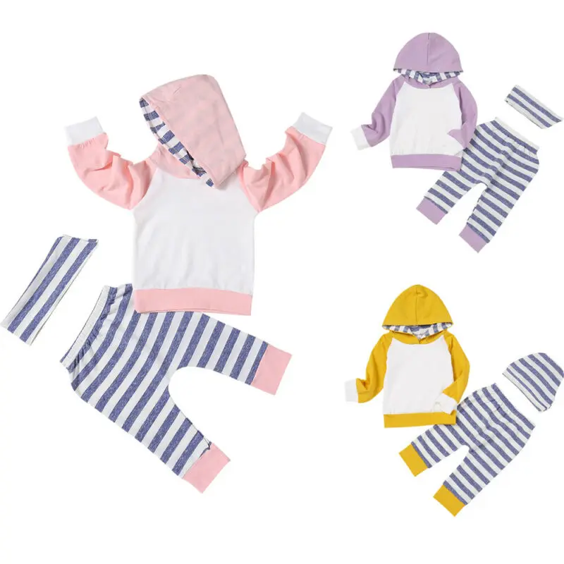 

0-24M Infant Baby Boy Girls Clothes Sets Striped Hooded Long Sleeve T-shirt Tops Pants Leggings Headband/Hats Clothes Outfit