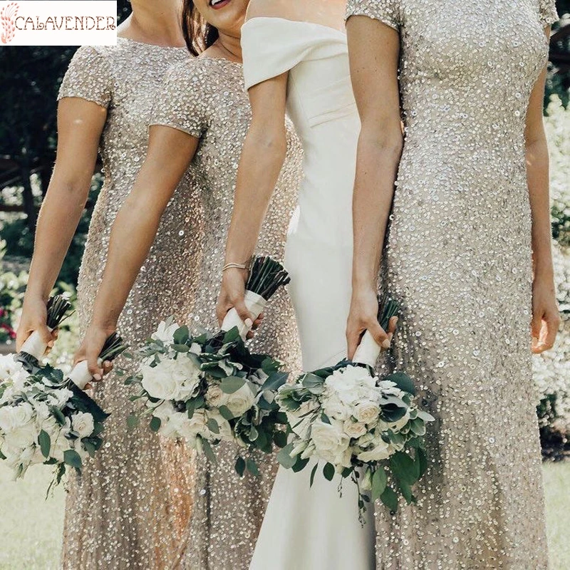 

Sequin Silver Bridesmaid Dresses with Sleeves Mermaid robe demoiselle d honneur femme Jewel Neck Maid of Honor Evening Gown