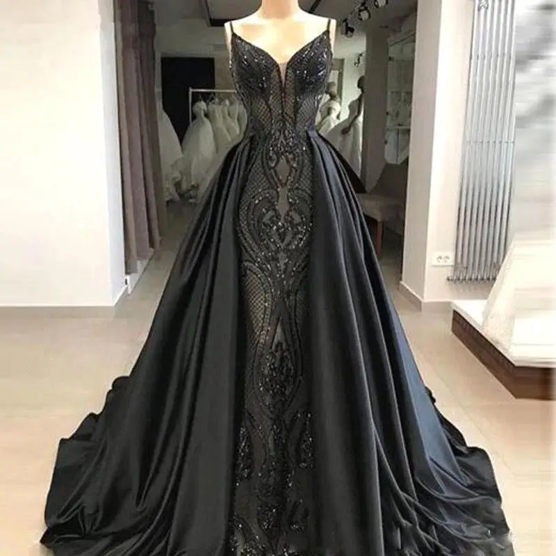 Black Spaghetti Straps A-Line Beading Vintage Long Evening Party Dresses, DP5469 main image 1