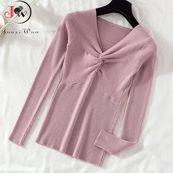 

Women Knitted Sweater Long Sleeves V-neck Criss-Cross Slim Casual Solid Fashion Thin Pullovers Ladies Autumn Winter Sweaters
