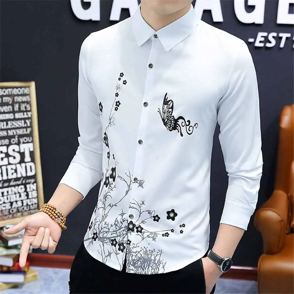 Мужская модная повседневная рубашка с длинными рукавами и принтом, приталенная Мужская одежда для бизнеса, брендовая одежда, мягкая быстросохнущая Удобная - Color: White