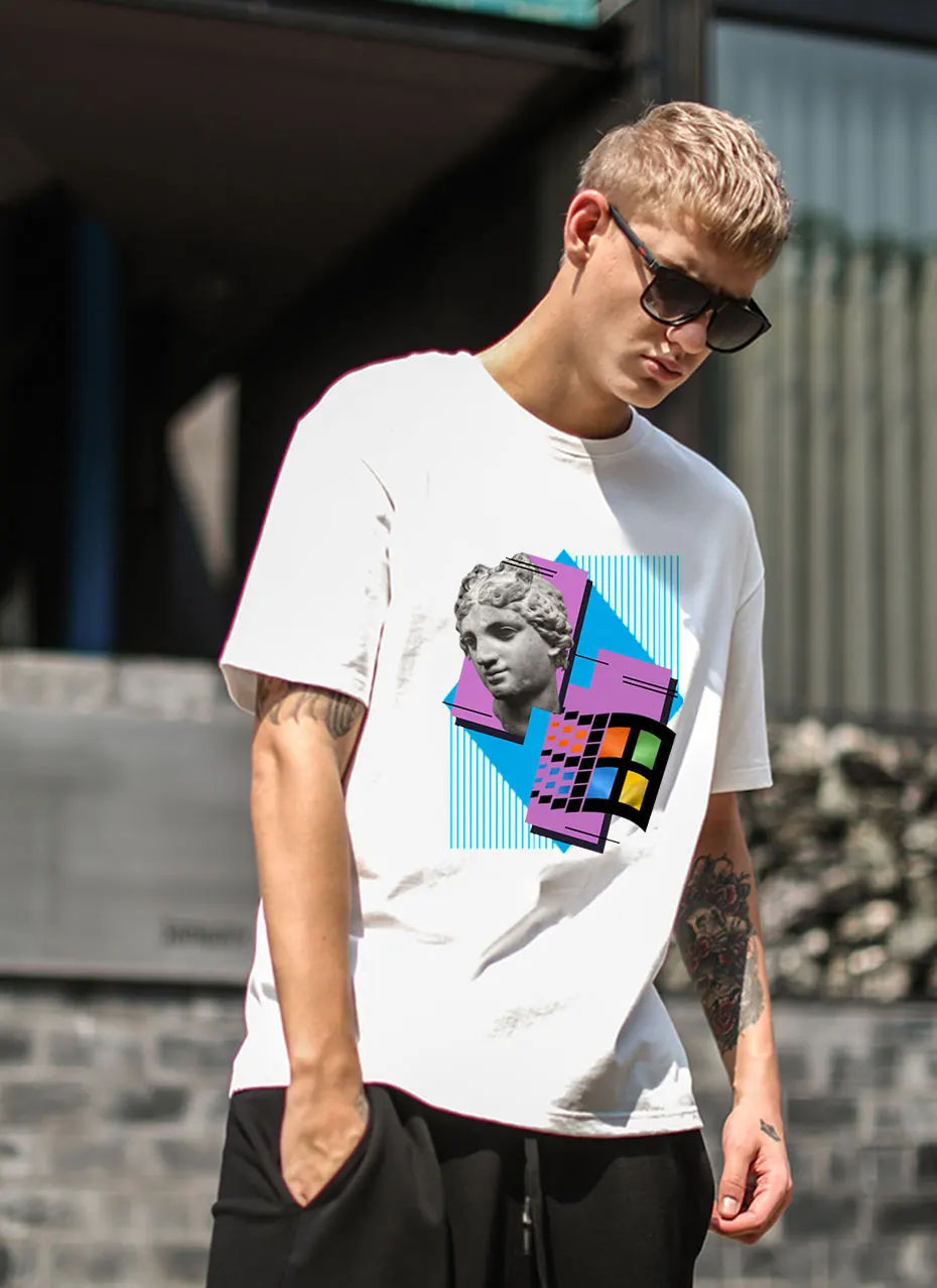 Vaporwave Windows 95 1995 Ретро музыкальная футболка с круглым воротником для отдыха Аниме для мужчин хлопок размера плюс футболка