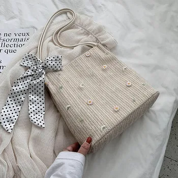 

Women Straw Shopping Bag Female Scarves Woven Shoulder Bag Environmental Storage Handbag Reusable Foldable Eco Grocery Totes