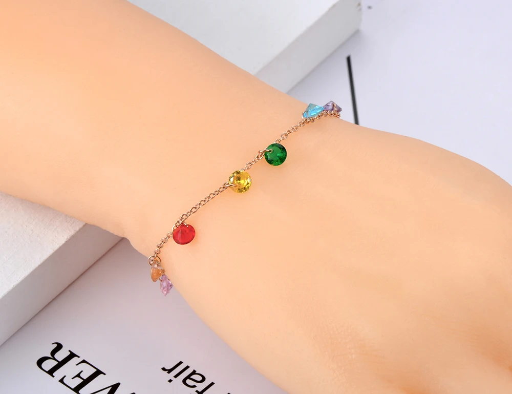 JeeMango Edelstahl-Armbänder im Bohemia-Stil mit Kette und Gliedern für Damen, buntes CZ-Kristall-Charm-Armband, Armband für Damen, JB20114 – Detail 6